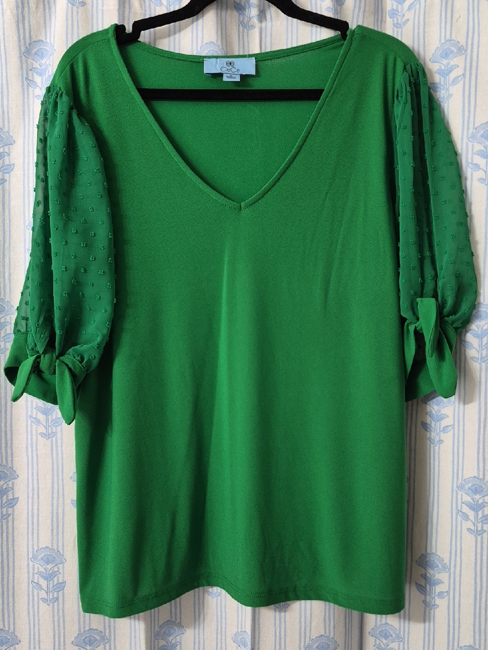 CECE Green V Neck Tie Sleeve Blouse Top Sz XL